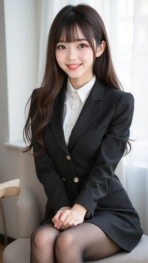 Pure Japanese Business Girl, wearing a formal business suit, HIGH HEELS, ear skirt, (Panties and pantyhose), Formal Hairstyles, Formal Makeup, Striking large brown eyes, pure smile, seated, legs wide open,    sweet temptation   , professional portraits, Da...