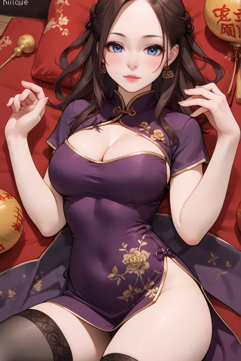 ((Solo girl))((Alone))((One Girl)), ((short dress))((mini qipao))((mandarin collar))((chinese dress))((purple chinese dress))((side slits))((sexy dress))((chinese dress))((solid purple dress))((qipao dress))((traditional chinese dress)) medium breast , big...