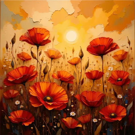 A detailed oil painting style image of a field of poppies at sunset. Rich, warm colors, including varying shades of red, orange, and gold, evocative of a warm sunset sky, with realistic poppy flowers, detailed textures, and a slightly textured canvas back...