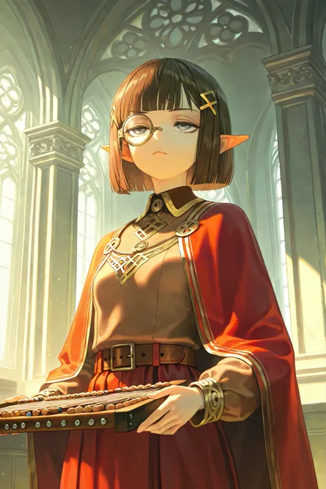 1girl, gnome girl, pointy ears, short length, bob cut, brown hair, straight hair, blunt bangs, golden hairclip, rune hairclip, grey eyes, monocle, golden monocle, calm, stern expression, sceptical, closed mouth, half-closed eyes, small, holds abacus, red m...