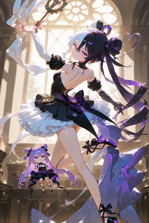 (SPLIT-COLOR HAIR,MIX OF AND HAIR,MULTICOLORED HAIR, TWO-TONE HAIR,) Steampunk mechanical articulated doll. Her body is made of rot brass metal and joints of her limbs are doll-like hinges. She has a brass mechanical heart and a wind-up key on her back. ...