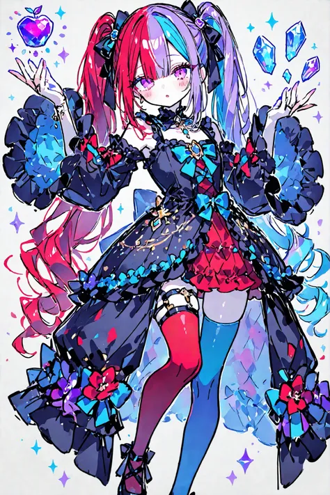 (TWO-TONE HAIR,SPLIT-COLOR HAIR,ma1ma1helmes_b_illu,sketch,) The girl is a magician. She has pale skin and a petite, flat-chested build. She has big purple eyes with long eyelashes. She has two-tone red-blue color hair tied in two twintails. She is wearing...