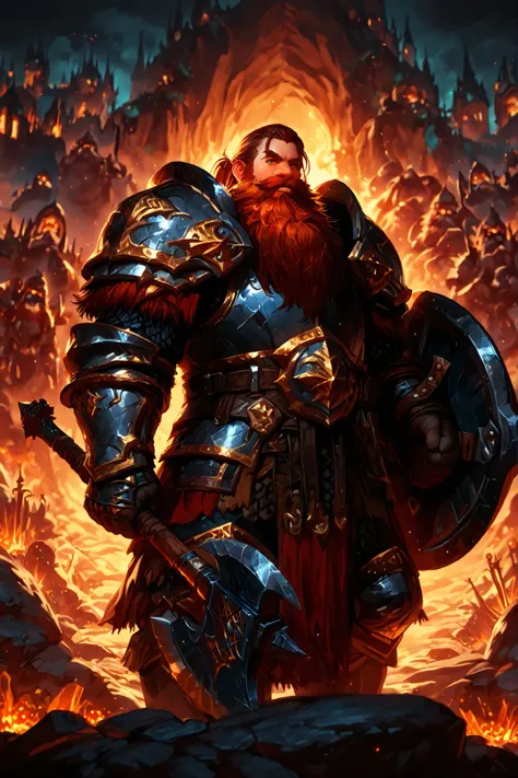 A dwarf character in a cavernous environment, Dark setting is a dwarf warrior, dressed in very detailed armor wielding a large axe and a shield.  