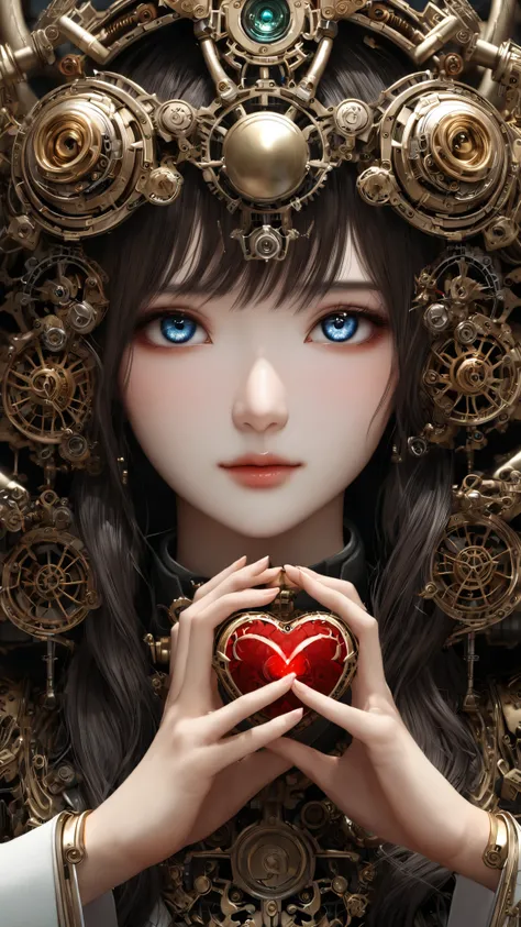 with both hands、Hiraga Genchi's mechanical doll, Japanese dolls , Representative Works , professional, holding the heart of the machine with both hands {x} with a very elaborate and detailed mechanical mechanism、holding the heart of the machine with...