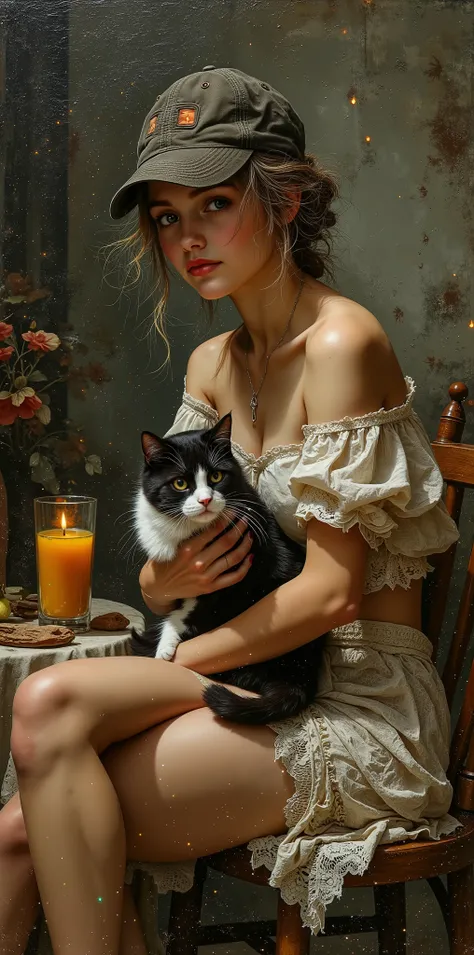 created a painting with oil painting with huge details , In the style of the artist Leonardo Davinci , The art of the era of European Renaissance , A fully detailed painting of a teenage girl ( 18 years) She is sitting on the chair and holding her black a...