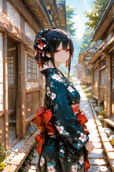 Cute Japanese village girl, long black hair, traditional hair ornaments, kimono, pure and innocent atmosphere, standing on a rural village path, background with wooden houses and rice fields, soft sunlight, gentle smile, masterpiece, 4k, ultra-detailed, se...