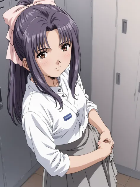 *"first-person view (POV) An anime-style female character hugging the audience in the dressing room. This character is Momoko Koigakubo, It was depicted in exquisite detail, Slightly dim lighting, Slightly wet body. She has long purple hair and brown eyes ...