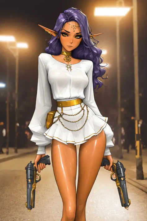 Expressiveh, masterpiece, best quality, very aesthetic, movie quality, depth of field,soft saturation, focused subject, ,official style, shiny skin,  long dark  purple hair, elf ears, curly hair, , yellow eyes, eyeshadow, (dark-skinned female
),  athletic ...