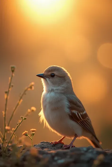 A charming close-up photo，shows a beautiful bird，illuminated by soft golden light on a quiet morning，with a bokeh ball gently framing its petite body