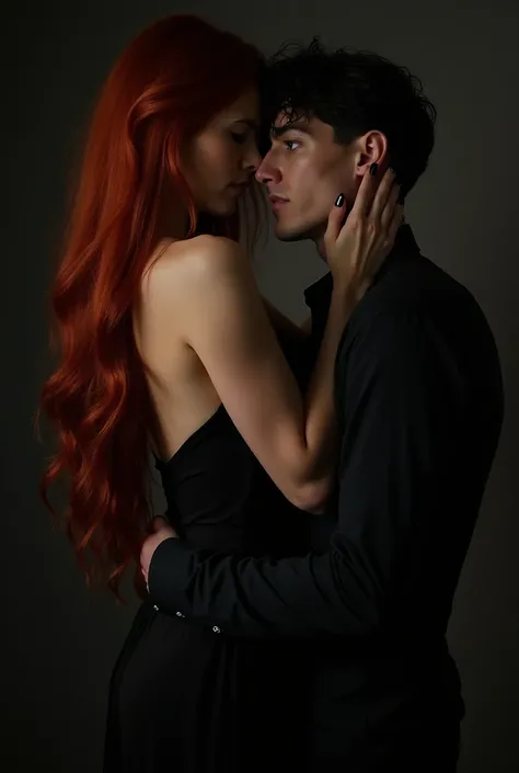 A passionate couple with their backs men and women, a stunning woman, with long red hair falling in soft waves down the back. Your skin is clear as porcelain, in striking contrast with the deep black she wears in a nightgown  .  The eyes are blue , intense...