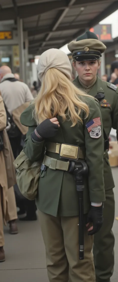high-definition footage looks up、A blonde woman in military uniform who arrived at the station after a、breakup moment、before embarking on a long mission, a blond woman in a military uniform at the train station left heavy luggage and the family家族に囲まれて（旦那、2...