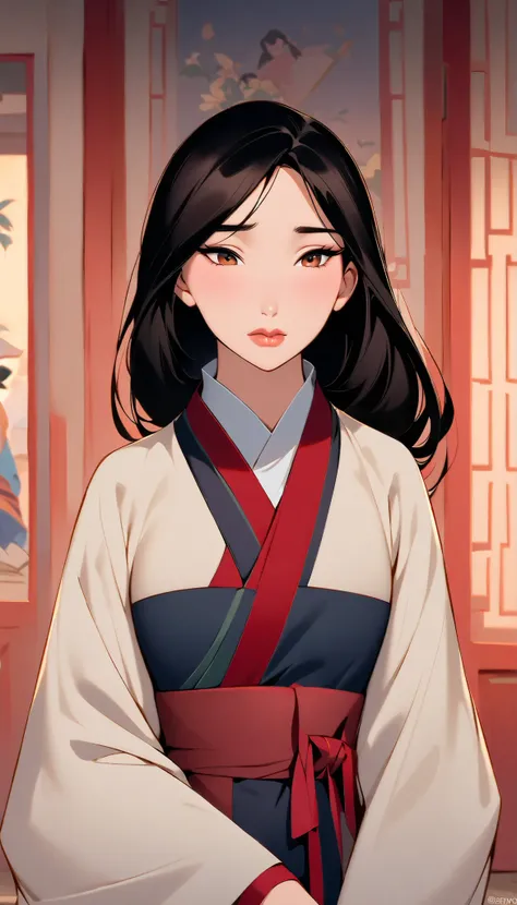 Hua Mulan,Show female shy,ultra shy, ((shyyness)), looking down, 19 years old, like a porcelain doll, fine features, delicate,Black and red color scheme,poster,iconic disney characters。shonen style, anime style, straight hair, ((long hair)) ,japanese young...