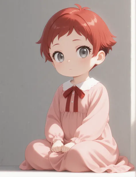 Masterpiece, Best Quality, Newest, Safe, Good Anatomy, Good Resolution, Good Lighting. Beautiful, Anime, Normal. Baby Girl, Red Hair and Short Pixie Hair. Light Grey Eyes. Black Eyelashes, Light Skin. She is an Adorable 9 month old baby. Looking at viewer,...