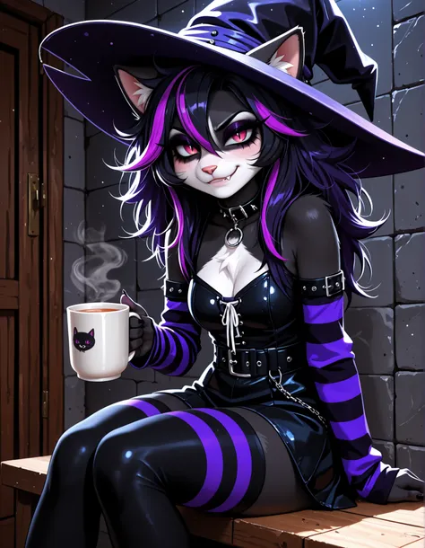 JizokuStyle, jizoku, best quality, highest quality, (Anthro:1.5), Goth cat girl, furry, anthro, sitting, solo, official style, (witch hat), (body fur), (black body, black skin, black fur), eyelashes, eyeliner, (black hair, purple hair, streaked hair), (mes...