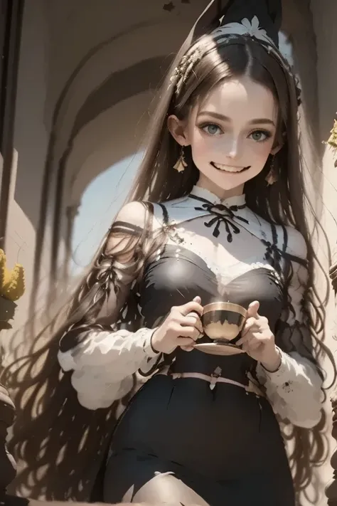 A whimsical tea witch, her cup brimming with shimmering dreams, illusions, and mischief, poised amidst a cozy, enchanted interior; a masterpiece of whimsy, vibrant colors, and ethereal details, hyper-realistic, 8K, professionally-shot, cinematic lighting, ...