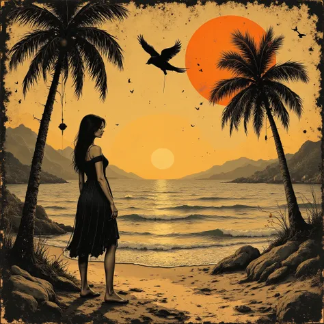 A Bossa Nova album cover featuring a classic beach scene at sunset. A silhouetted figure stands at the edge of the calm sea, with palm trees lining the shore. Warm, soft colors dominate the scene, evoking a nostalgic and romantic atmosphere. A straw hat ha...