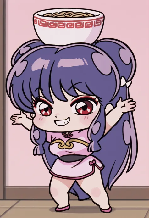Shampoo (ranma 1/2), Purple Hair, long hair, Red Eyes, big breasts, NSFW,  sexy hips, sexy waist, pink Chinese dress, pink skirt dress with short, Japanese noodle restaurant, by day, alone, without people in the background, pretty woman, Cute anime girl, b...