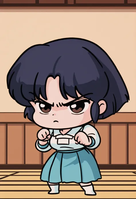 akane tendou, dark blue hair, short hair, ojos cafes, medium breasts, NSFW, sexy hips, sexy waist, school uniform with long skirt, long blue skirt, light blue uniform, Japanese dojo garden, by day, alone, without people in the background, pretty woman, C...