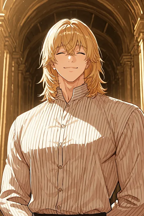 1 male, alone, handsome, muscular, medium hair, blonde hair, bangs between the eyes, squinting closed eyes, playful smile, niceful impression, merchant attire, composed pose, simple scenery, upper body