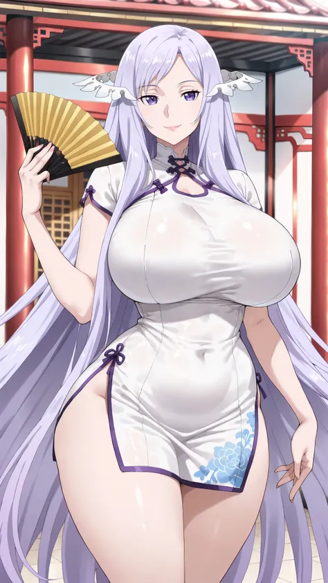 anime screencap, masterpiece, best quality, quinella, 1girl, Mature Female, attractive face, detailed face , long hair, light purple hair, purple eyes, ractical body shape, glamorous bodies, attractive bodies, motherly, big Curvy, Slutty, Neat, huge breast...