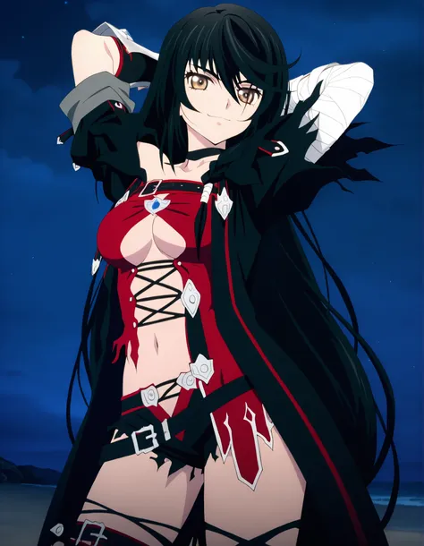 Velvet Crowe (character), 1girl, solo, black hair, long hair, golden-brown eyes, medium breasts, bandages, choker, bandaged arm, breasts, long hair, torn clothes, navel, underboob, black choker, shorts, anime screencap, high quality, solo, night sky, beach...