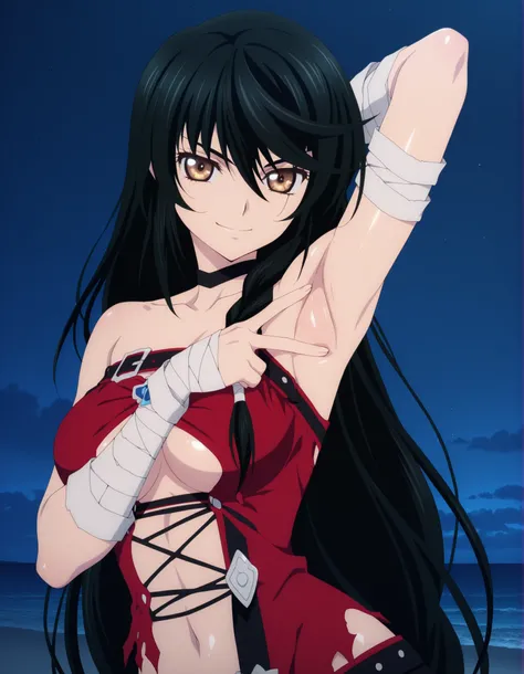 Velvet Crowe (character), 1girl, black hair, long hair, golden-brown eyes, medium breasts, bandages, choker, bandaged arm, breasts, long hair, torn clothes, underboob, black choker, anime screencap, shiny skin, high quality, closed mouth, solo, upper body,...