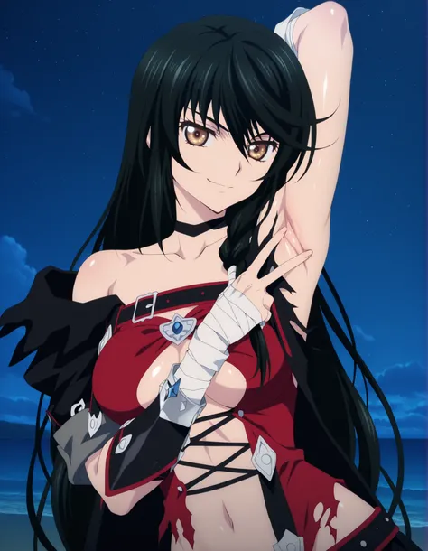 Velvet Crowe (character), 1girl, black hair, long hair, golden-brown eyes, medium breasts, bandages, choker, bandaged arm, breasts, long hair, torn clothes, underboob, black choker, anime screencap, shiny skin, high quality, closed mouth, solo, upper body,...