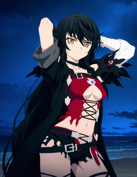 Velvet Crowe (character), 1girl, solo, black hair, long hair, golden-brown eyes, medium breasts, bandages, choker, bandaged arm, breasts, long hair, torn clothes, navel, underboob, black choker, shorts, anime screencap, high quality, solo, night sky, beach...