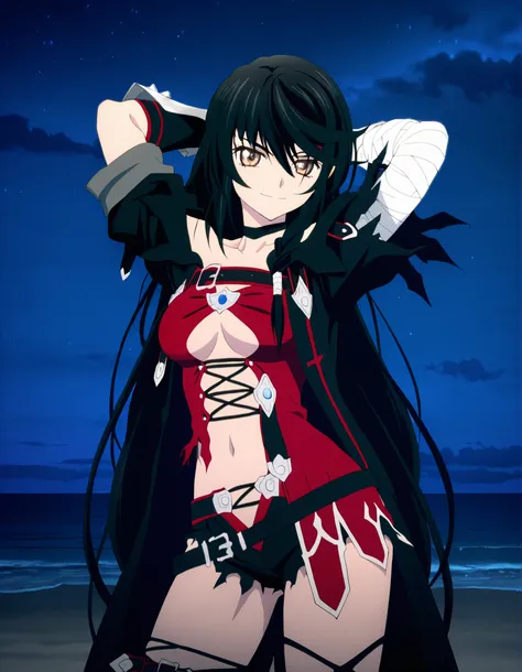 Velvet Crowe (character), 1girl, solo, black hair, long hair, golden-brown eyes, medium breasts, bandages, choker, bandaged arm, breasts, long hair, torn clothes, navel, underboob, black choker, shorts, anime screencap, high quality, solo, night sky, beach...