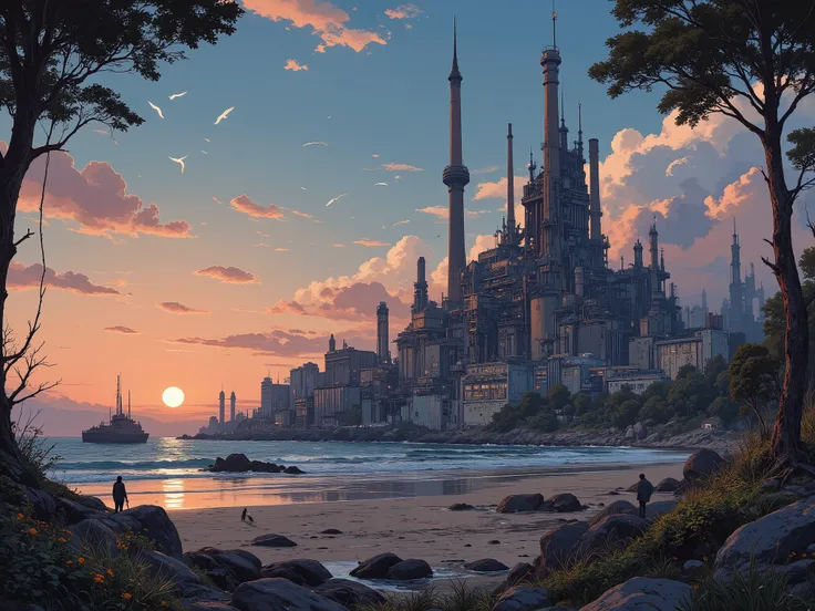very wide shot, makes an aesthetic, Master piece, Best Quality, ultra detailed, Coastal magical industrial zone, skyscraper, Many tall medieval chimneys, white birds, people, wind, leaf, greenery, twilight, sunset, moon, fantasy world, pixel art,