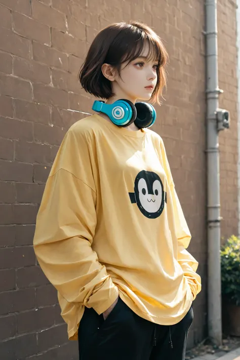 1girl, yellow shirt, long sleeves, baggy shirt, oversized shirt, headphones on neck, short hair, hands in pants pockets, wire in pocket, brown hair, brown eyes, black pants, outdoors, wall