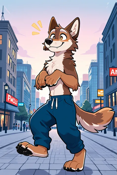 an brown wolf walking in the park at morning wearing a blue hoode and blue pants, brown fur:1, city background, happy expression, white eyebrows.