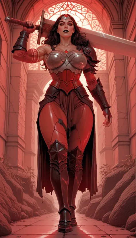 masterpiece, best quality, amazing quality, absurdres, AbsoWW, weapon, sword, holding, 1girl, armor, holding weapon, holding sword, sword over shoulder, tiara, red eyes, black lips, looking at viewer solo, gauntlets, red pants, black greaves, big breasts, ...