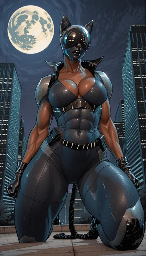 AbsoluteCatwoman, dark-skinned female, mirrored helmet, fake cat ears, fake tail, bodysuit, gloves, belt, cleavage, big breasts, thick muscular thighs, wide curvy hips, covered mouth, on top of building, huge moon in background, night time, from below, dyn...
