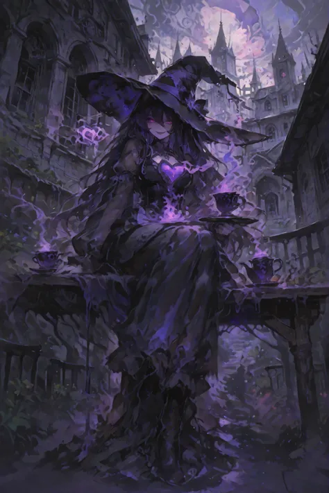 High Quality, Fantastic fantasy world, Large veranda of an old Western-style building, Witch's Tea Time, bewitching smile, Sharp Eyes That See Through the Heart, Countless antique teacups floating in the air, Fantastic smoke rising々What black tea, Liquid w...