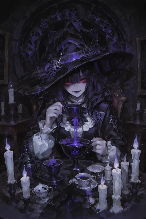 masterpieces that pass censorship,  Witch's secret room, dark fantasy,  A witch holding an elegant teacup, Eerie Smile, Sharp, shining cat eyes,  An antique cup with delicate decorations,  Mysterious color-changing liquid,  Phantom image rising from a gobl...