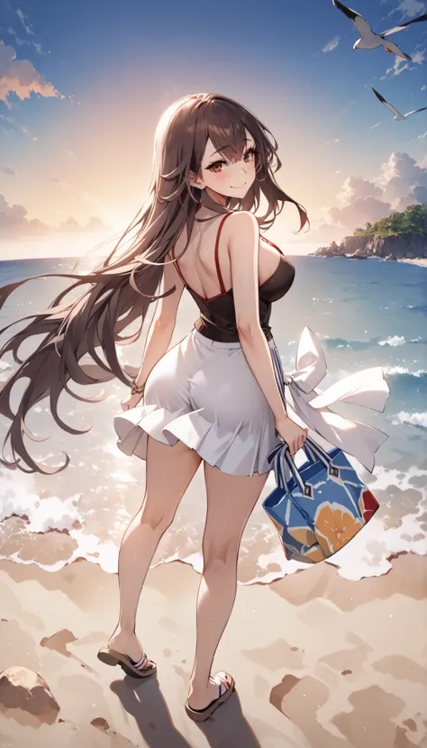 highest quality ever、the greatest masterpiece in history、HIGHEST DETAILS EVER、HIGHEST RESOLUTION EVER、Hi-Res、8k、Ocean Background、beach background、Sandy beach background、Esther - Project QT、Woman Who Laughs a Little、neat girl、One person、Full body、Back view、...