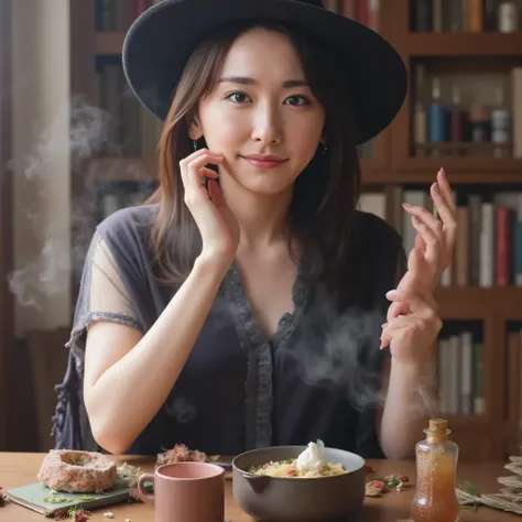 (High Quality), Making Elixir for a Young Witch, Brewing Witch's Elixir Tea, In front of a large cast iron kettle, Delicate Handwork Adding Colorful Herbs and Flowers to Magical Elixirs, sparkling magic powder, The Dim Witch's Hut, Old Mage Books Lined Up ...