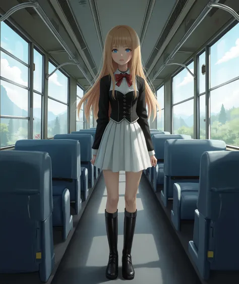   A young woman standing in the train in the middle, left and right is the windows, and two worlds exist on either side different landscape of the window. Capture a moment of parting and expectation.   She's wearing a black and white corset school uniform ...