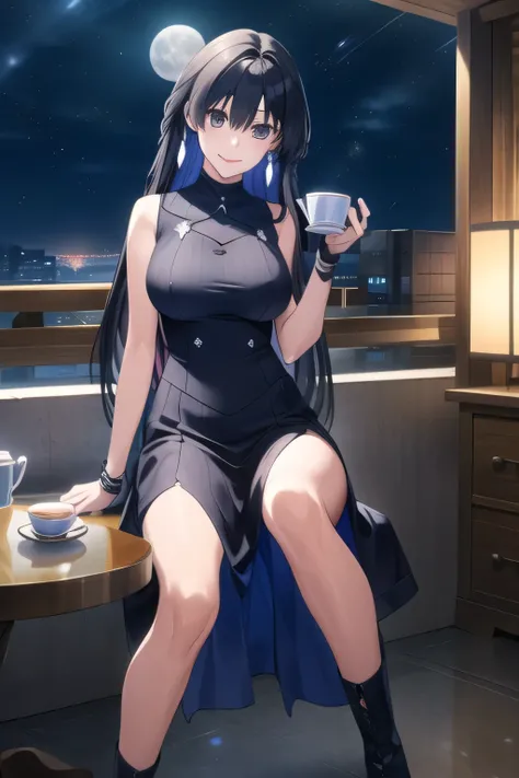 top floor terrace of a skyscraper with night views，My hair is swaying in the night breeze、thrilling pose，，A witch drinking tea，long black hair，Smile Yang，,navy blue big breasted sleeveless costume，Beautiful legs，boots，starry skyを眺める，Anime CG，Priority of fa...