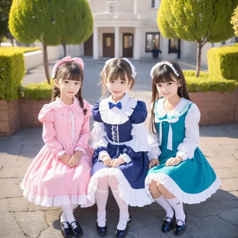 (( Distant view,full body,standing:1.2)),Highest Quality, masterpiece, highest resolution, art work, super それにget used to it, many get used to it, get used to it, それにget used to it, 3k photos,,3 noble ladies sitting across the street indoors,. ((10 year ol...