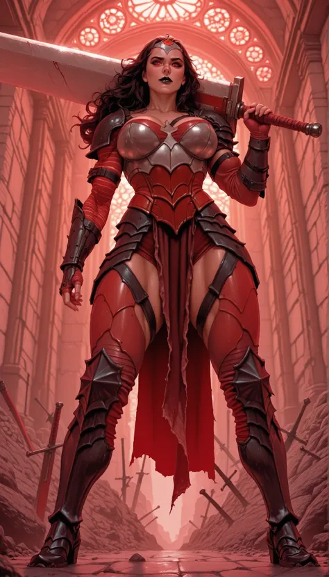 masterpiece, best quality, amazing quality, absurdres, AbsoWW, weapon, sword, holding, 1girl, armor, holding weapon, holding huge sword, tiara, red eyes, black lips, looking at viewer solo, gauntlets, red pants, black greaves, big breasts, thick muscular t...