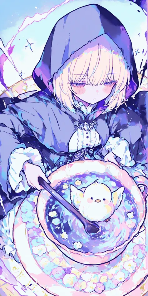 Witches,there is a liquid that glows purple in a giant teacup,womanhood,1girl,I'm stirring the liquid with a stick,Bad expression,Witchesの服装,angle from above,pastel color,Action,dynamic,Anime Chick,masterpiece,Highest Quality,Great Quality,very beautiful,N...