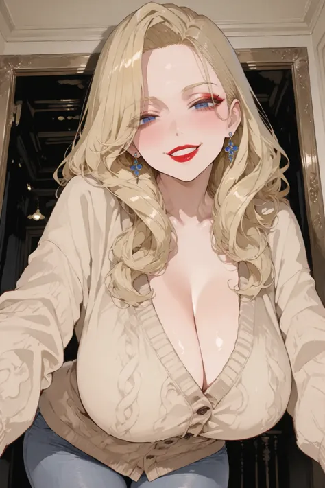 anime, masterpiece, 8k, BREAK, female, voluptous, curvy, huge breasts, heavy breasts, blonde hair, bimbo, blue eyes, plush lips, glossy lips, red lipstick, long hair, h41r, Hollywood waves hair, Glam Hair, ditzy, dumb, grin, big lips, bimbofication, MILF, ...