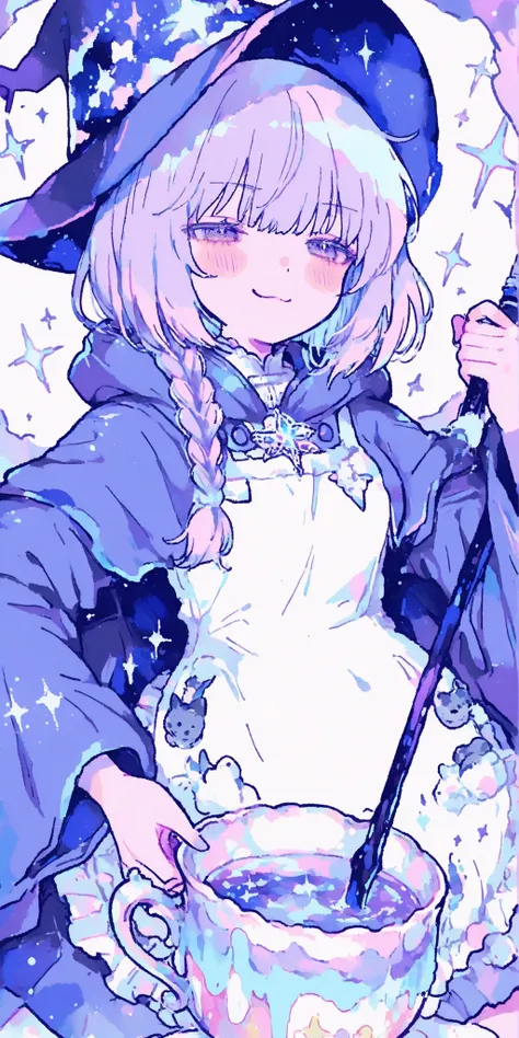 Witches,there is a liquid that glows purple in a giant teacup,womanhood,1girl,I'm stirring the liquid with a stick,Bad expression,Witchesの服装,wizard hat,,pastel color,Action,dynamic,anime,masterpiece,Highest Quality,Great Quality,very beautiful,Newest,
