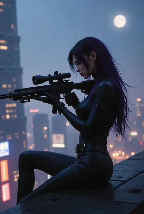 Female Sniper Android Assassin, Midnight 、Quietly Aim from a Skyscraper to a Target, (Highest Quality,4K,8k,high resolution,masterpiece:1.2),super detailed,(realistic,photorealistic,photo-realistic:1.37),dramatic lighting, gloomy atmosphere, Dramatic Pose...