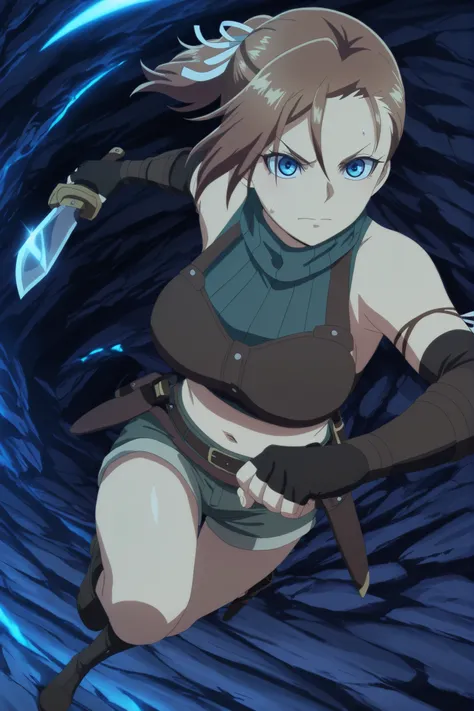 Rhuda runebeck, blue eyes, brown hair, ribbon, hair ribbon, ponytail, mature female, breast, gloves, navel, shorts, midriff, fingerless gloves, crop top, anime screen cap, holding knife, action pose, full body, close up, foreshortening, highres 4K, 8K.
