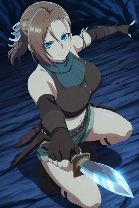 Rhuda runebeck, blue eyes, brown hair, ribbon, hair ribbon, ponytail, mature female, breast, gloves, navel, shorts, midriff, fingerless gloves, crop top, anime screen cap, holding knife, casual pose, full body, close up, foreshortening, highres 4K, 8K.