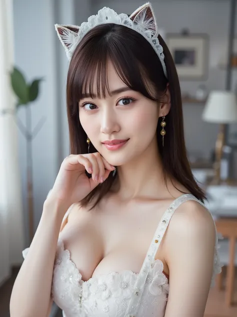 Maid Dress, Cat's Ear, Black Long Hair, watching me smile,Best Quality, big breasts, skirt, Slender figure, open chest, big cleavage