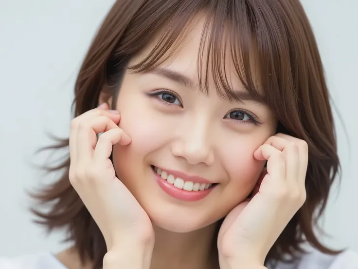 (Refined from an old photo, recreated in a modern, ultra high-quality photorealistic style, with a trendy Reiwa-era hairstyle: soft semi-long hair with natural waves and airy see-through bangs), 
Ultra photorealistic close-up portrait of a beautiful Japane...